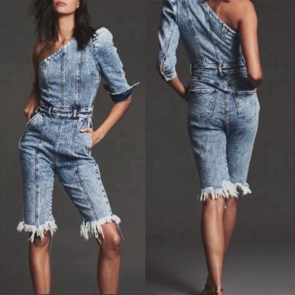 Retrofete Reyna Romper Denim Light Blue Shorts Tie Dye Acid Wash Size Small